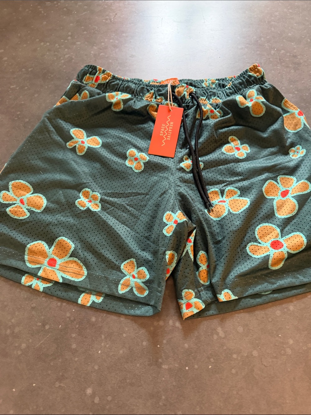Men's Floral Swim Trunks — Green with Orange Accents